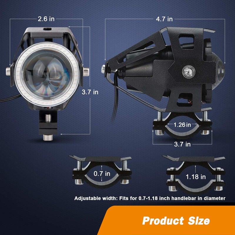 Mosleyz Motorcycle LED Fog Lights U7 Spotlight Daytime Running Lights Bicycle lights with Blue Angel Eyes Halo Ring and Switch 2-Sets - Image 2